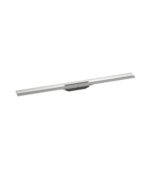 Hansgrohe Duschrinne aus gebürstetem Edelstahl, länglicher, flacher Körper für Wandmontage, mit zentraler Ablauffläche und Befestigungsmöglichkeit.